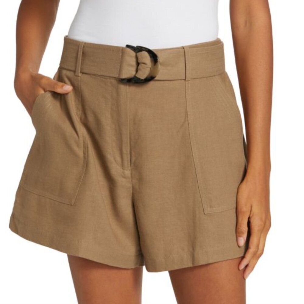 Jonathan Simkhai Tan High-Waist Belted Linen Shorts